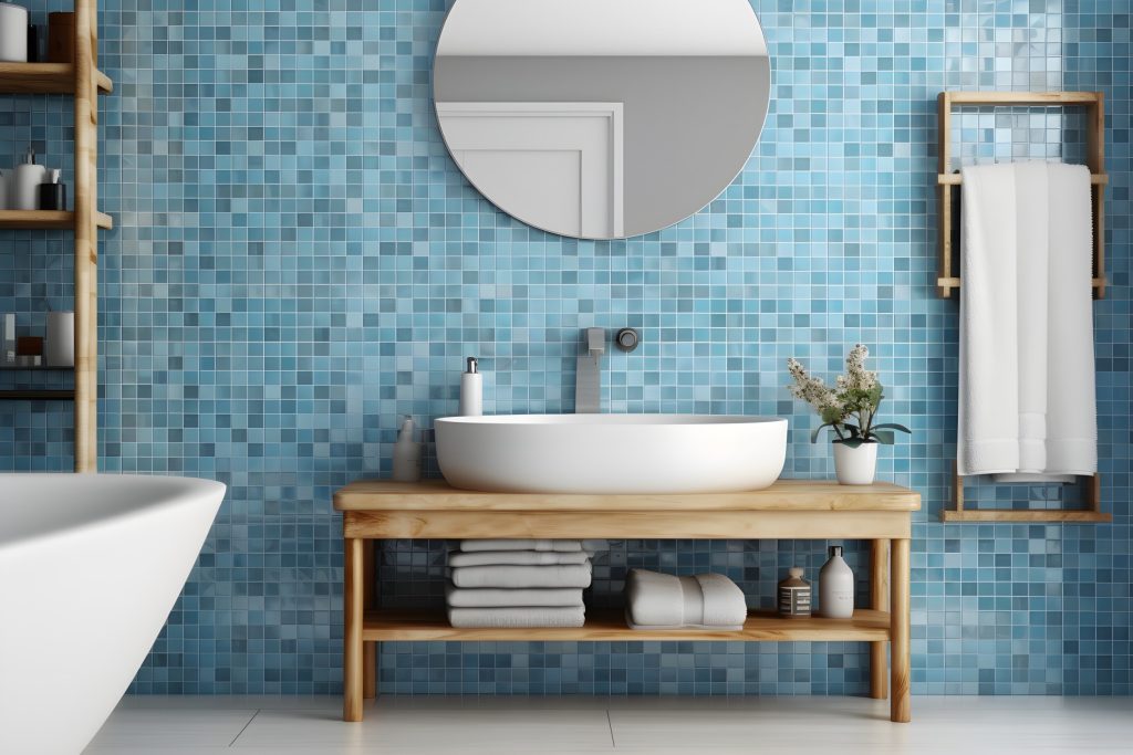 mozaika v koupelne, mozaika koupelna, pekna mozaiuka, modra mozaika, levelys